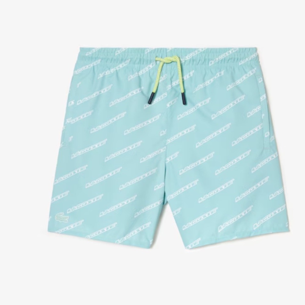 Lacoste Kids Swim Trunks Shorts Aqua All Over Logo Print Drawstring Size 12